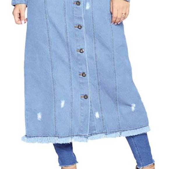 NWT Long Line Distressed Denim Coat, Button Down Duster, Pockets, Faded Blue - Picture 6 of 6